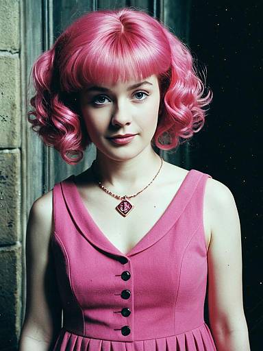 Pink Haired Woman in Retro Dress Inspired by Harry Potter Umbridge