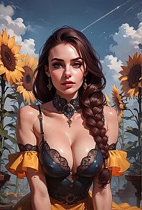 Beautiful Woman in Lace Outfit Among Sunflowers Digital Art