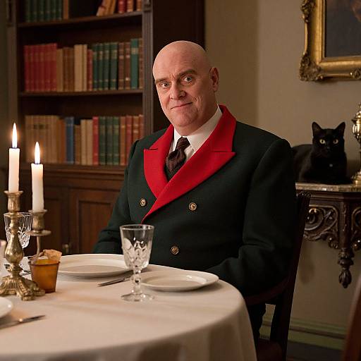 Distinguished Man in Red Collar Coat Sitting at Elegant Dining Table with Black Cat
