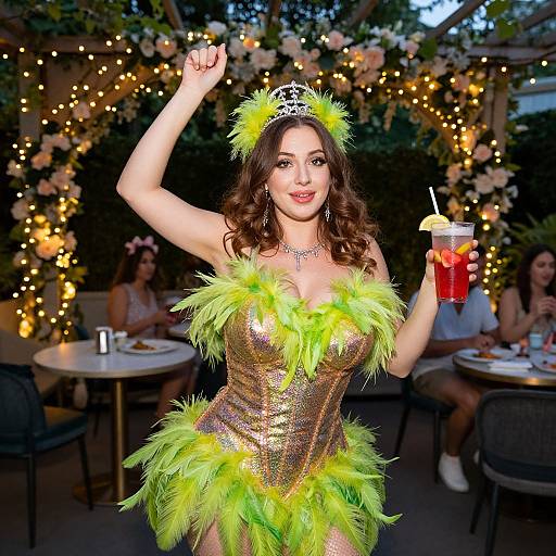Woman in Sparkling Feathered Costume at Outdoor Party with Drink