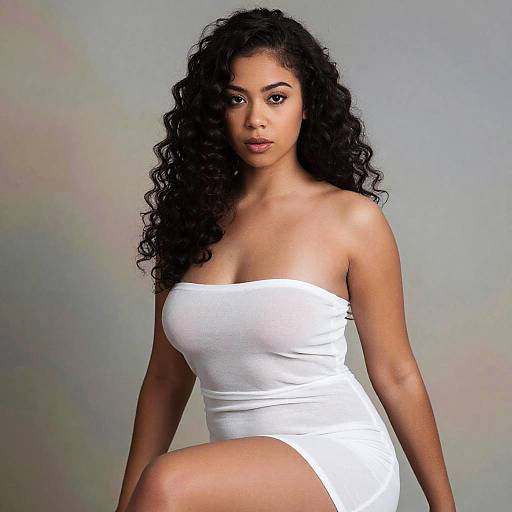 Confident Woman with Curly Hair in Strapless White Dress