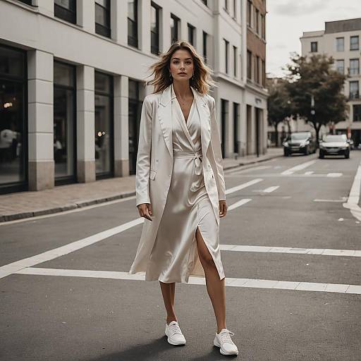 Woman Wearing Ivory Satin Dress and Coat Walking in Urban Street Fashion