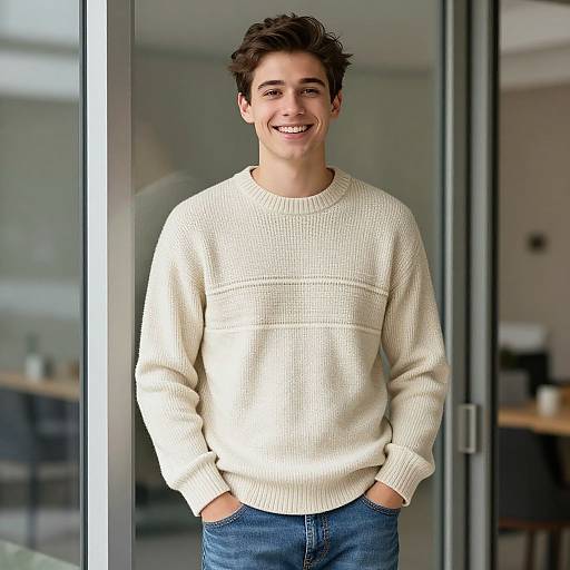 Young Man Smiling in Cream Sweater Casual Jeans Indoor Office