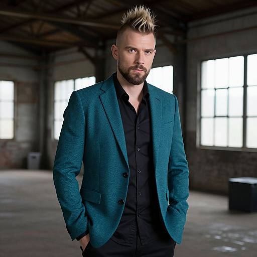Man with Modern Mohawk Hairstyle and Teal Blazer in Industrial Loft