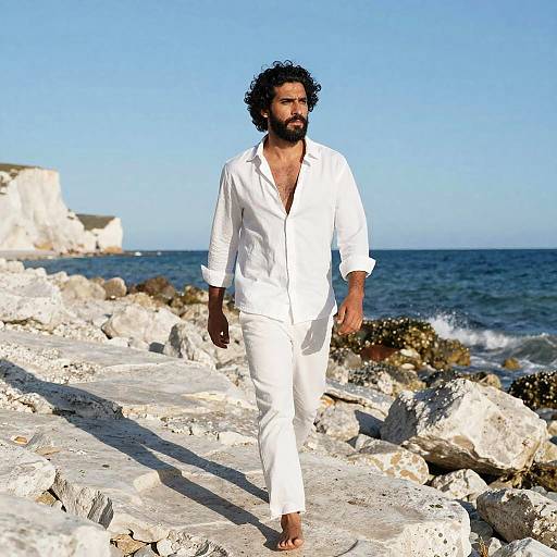 Bearded Man Walking Barefoot on Rocky Beach in Casual White Outfit