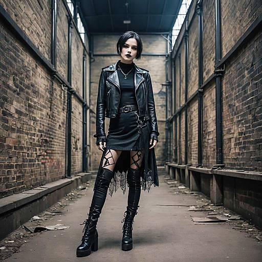 Woman in Goth Fashion Outfit with Leather Jacket and Platform Boots in Urban Alley