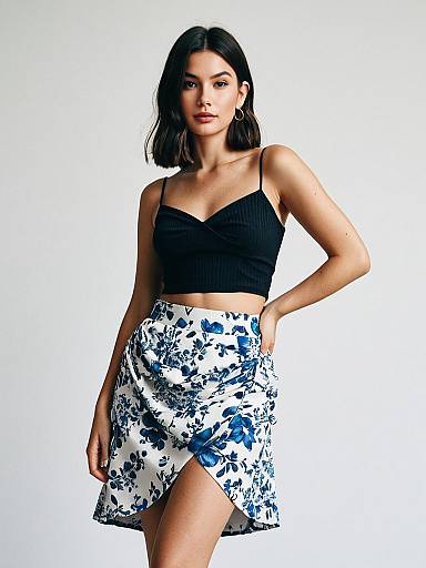 Woman in Casual Chic Black Crop Top with Spaghetti Straps and Blue Floral Skirt