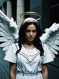 Photorealistic Woman in Angel Costume with Wings and Halo Cinematic Cosplay Portrait
