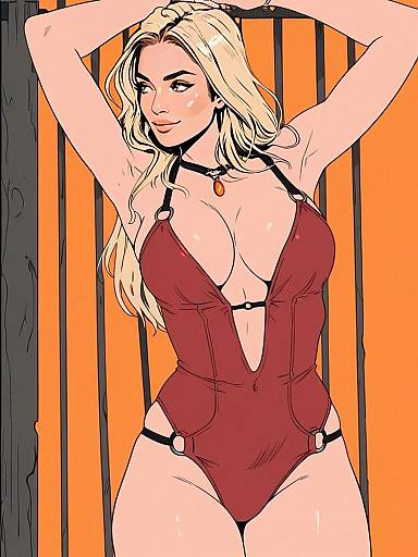 Digital Illustration of Blonde Woman in Red Swimsuit with Modern Comic Style