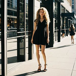 Confident Young Woman in Black Dress on City Sidewalk
