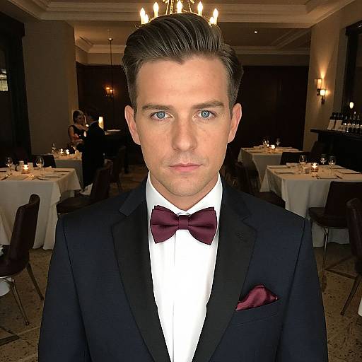Elegant Man in Black Tuxedo with Burgundy Bow Tie in Fine Dining Restaurant