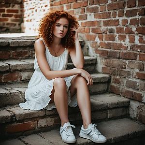 Thoughtful Young Woman on Stone Steps