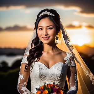 Beautiful Bride in Lace Gown at Sunset