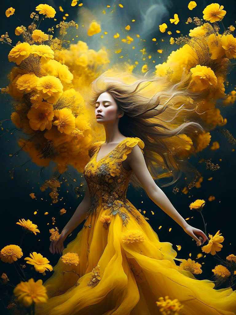 Serene Woman in Yellow Gown Among Flowers