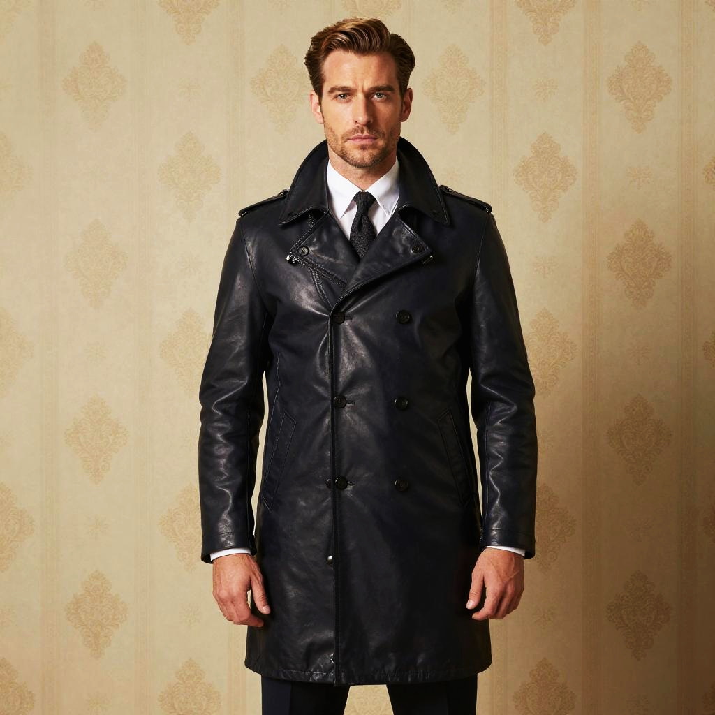 Man Wearing Black Leather Trench Coat Posing in Vintage Interior