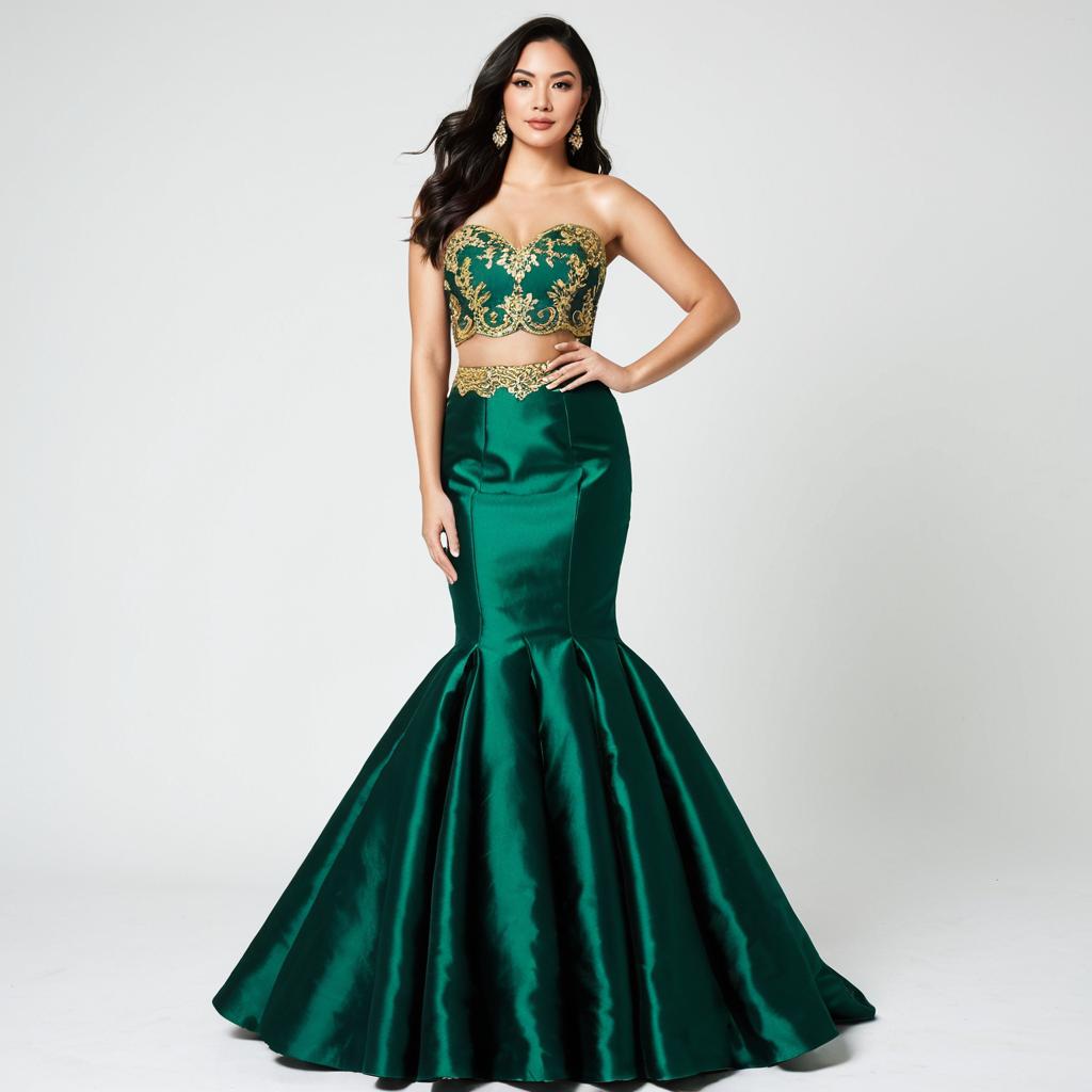 Elegant Emerald Green Mermaid Gown with Gold Embroidery on Woman