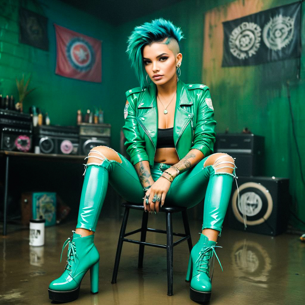 Woman in Green Leather with Blue Hair