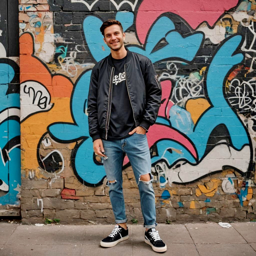 Stylish Man in Streetwear Against Graffiti Wall