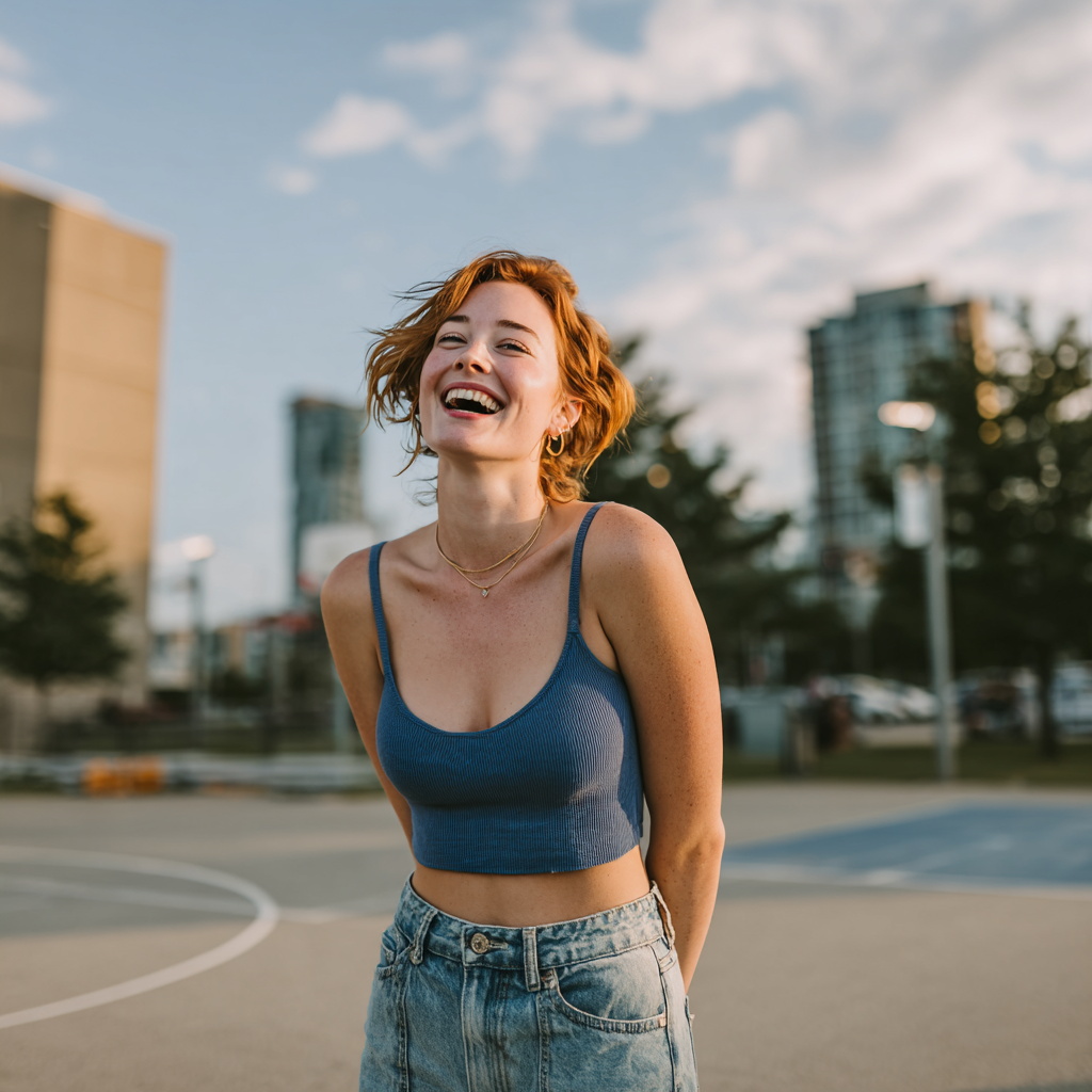 Happy young woman laughing on basketball court Happy young woman laughing on basketball court