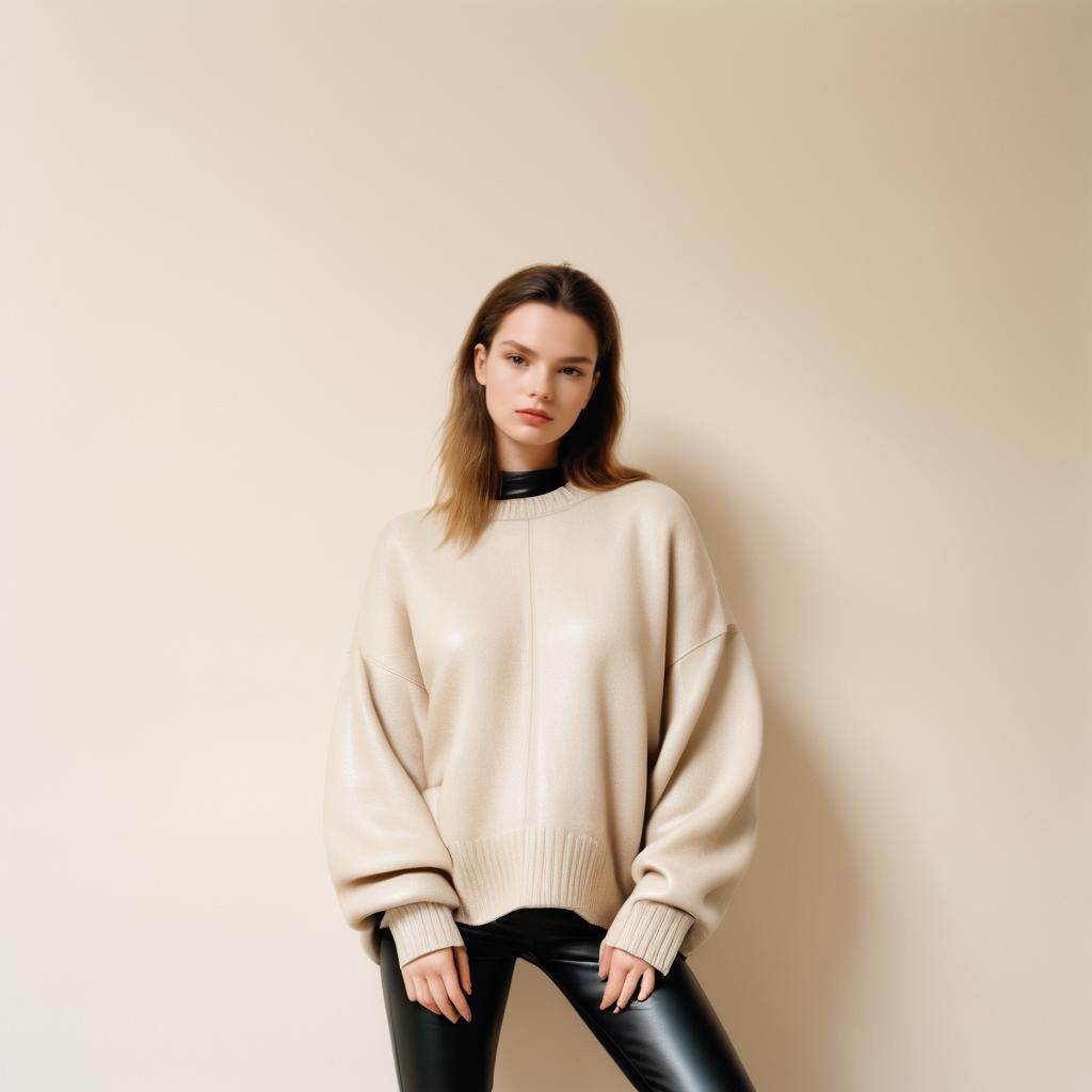 Stylish Woman in Beige Sweater and Black Leather Pants