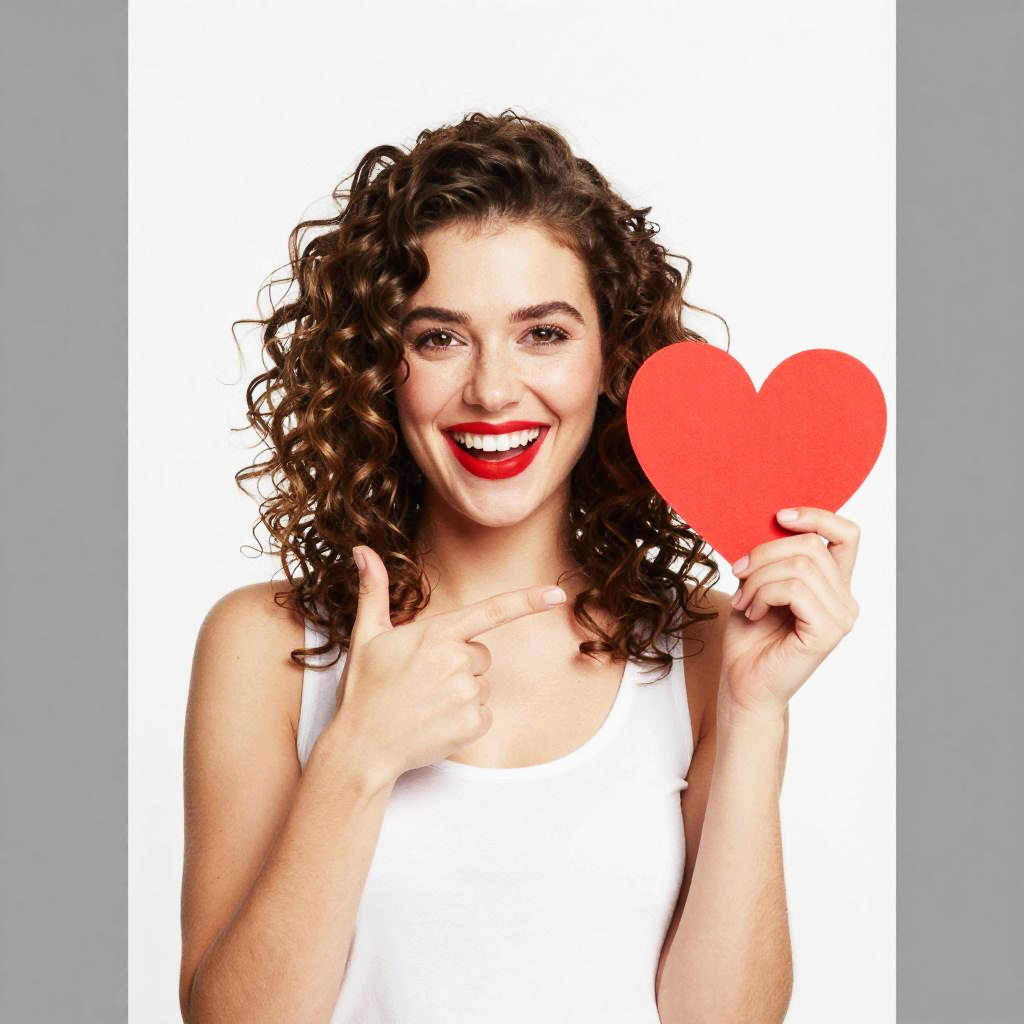 Happy Woman Holding Red Heart Symbol Against White Background