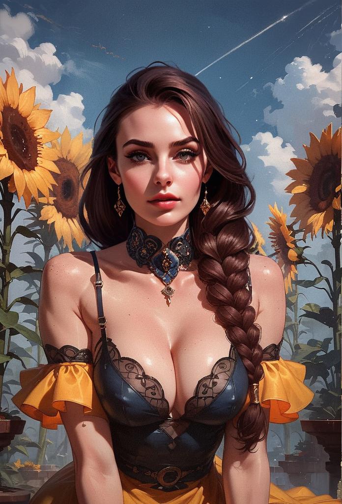 Beautiful Woman in Lace Outfit Among Sunflowers Digital Art