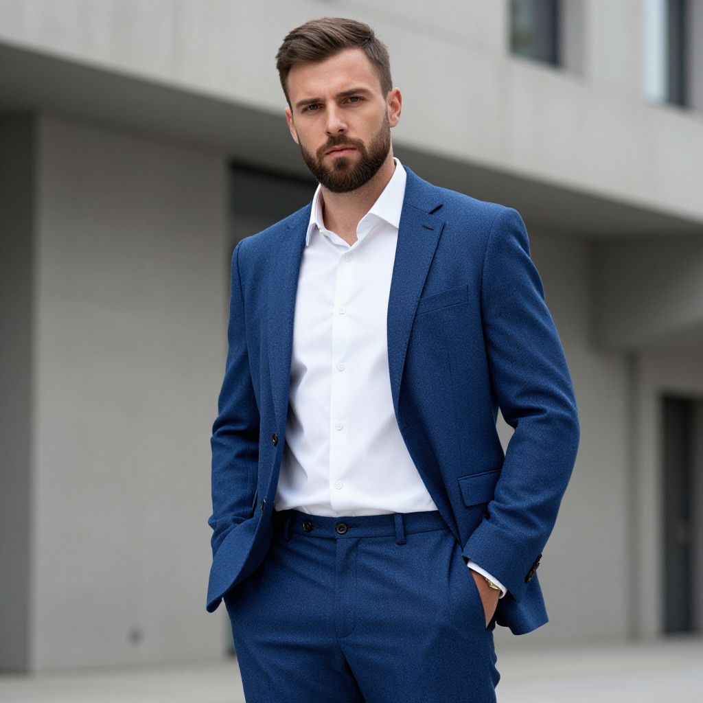 Confident Man in Blue Suit Posing Outdoors