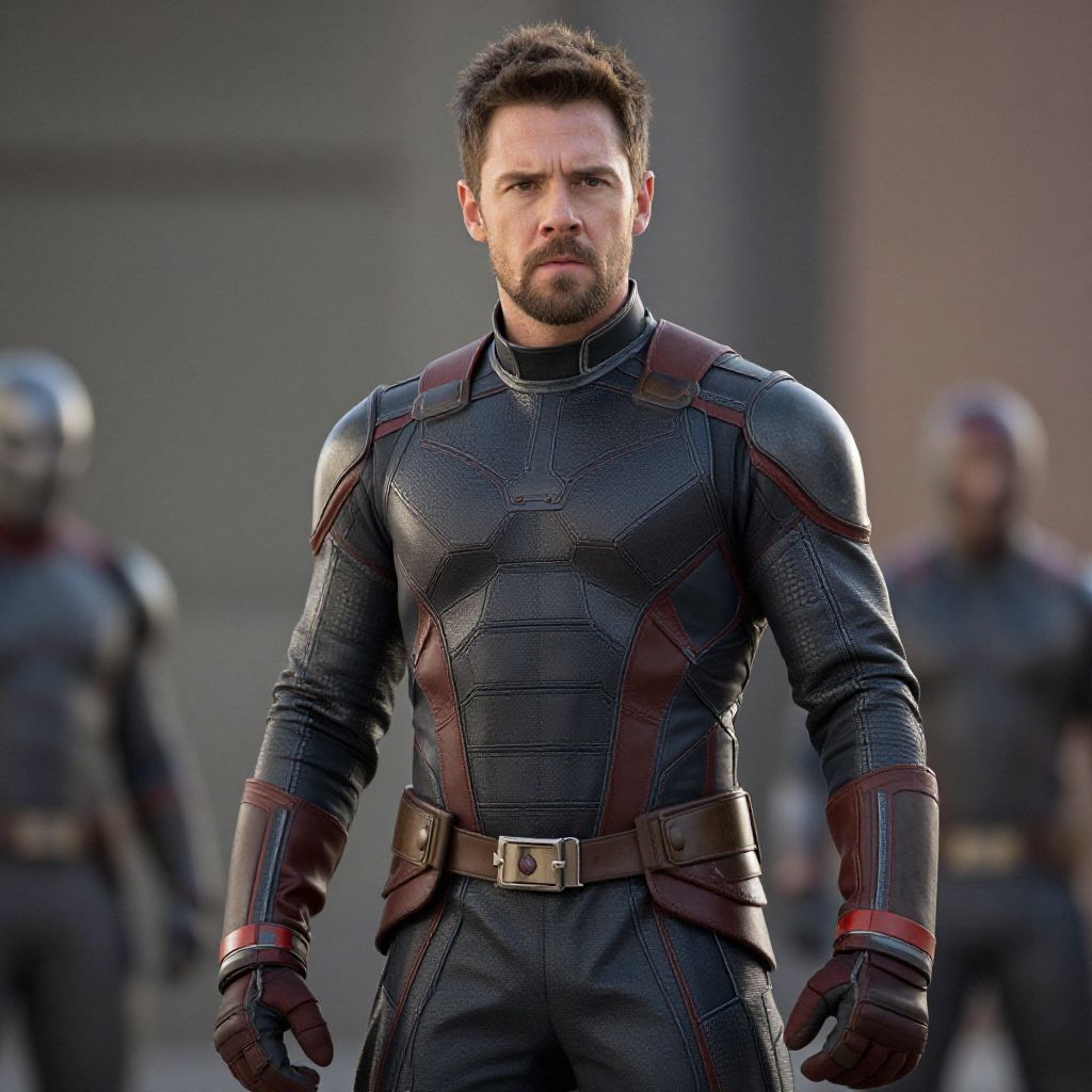 Futuristic Man in Armored Sci-Fi Suit Serious Pose