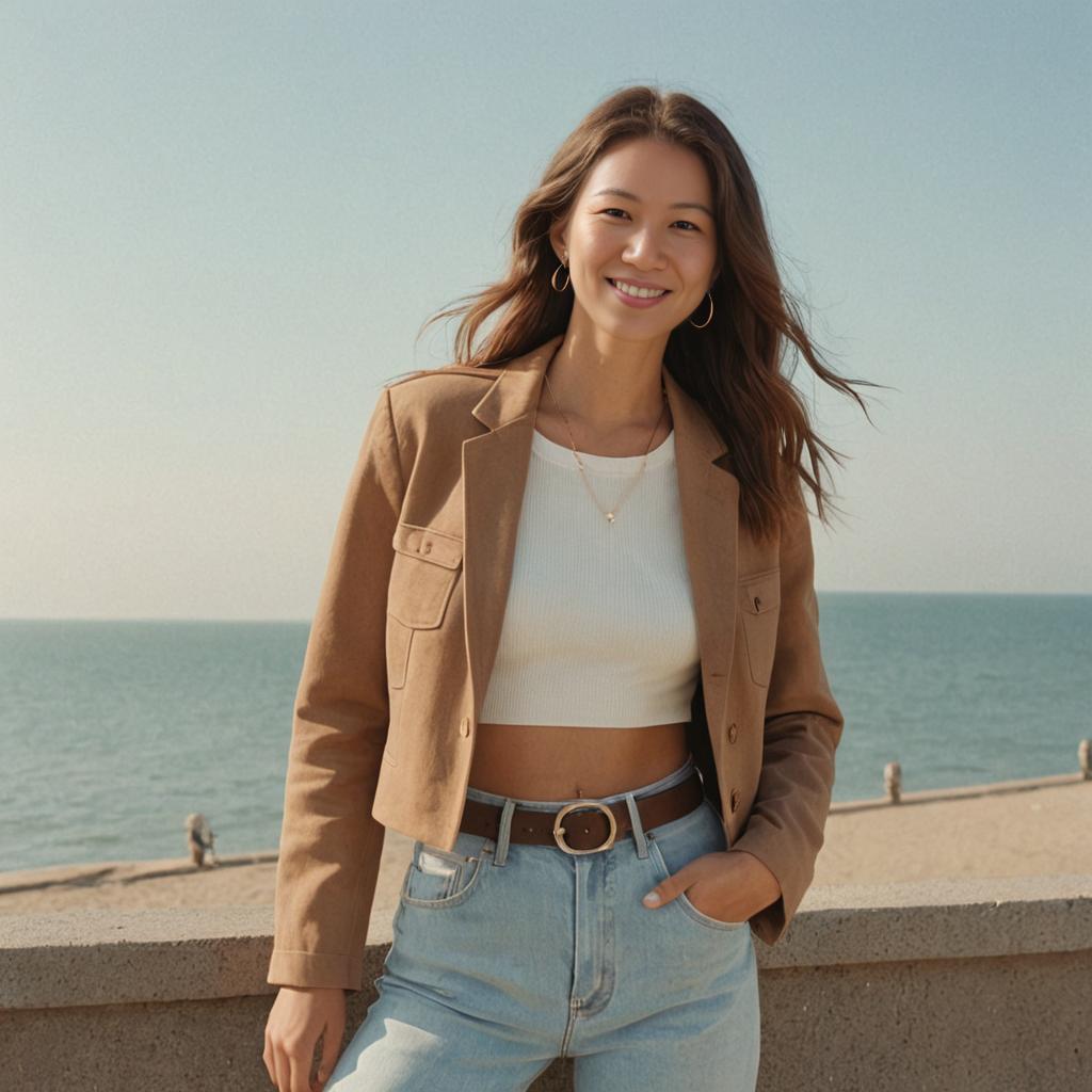 Smiling Woman in Beige Blazer and Blue Jeans by the Sea