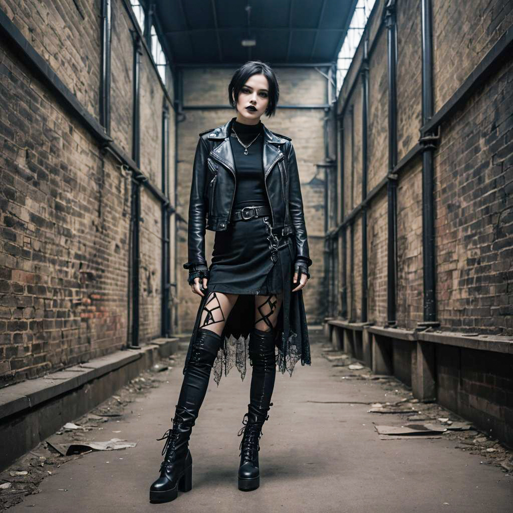 Woman in Goth Fashion Outfit with Leather Jacket and Platform Boots in Urban Alley