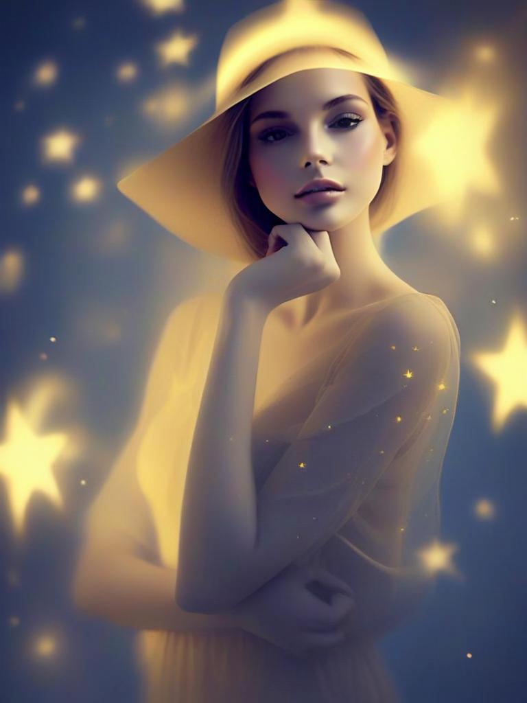 Serene Woman in Wide-Brimmed Hat with Starry Atmosphere Serene Woman in Wide-Brimmed Hat with Starry Atmosphere
