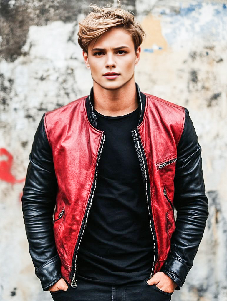 Stylish Young Man in Red and Black Leather Jacket