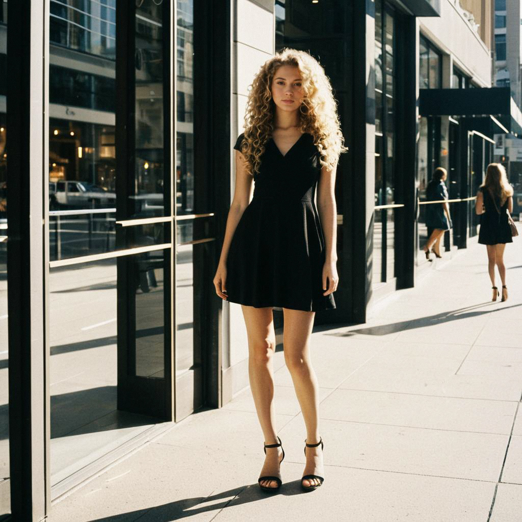 Confident Young Woman in Black Dress on City Sidewalk Confident Young Woman in Black Dress on City Sidewalk