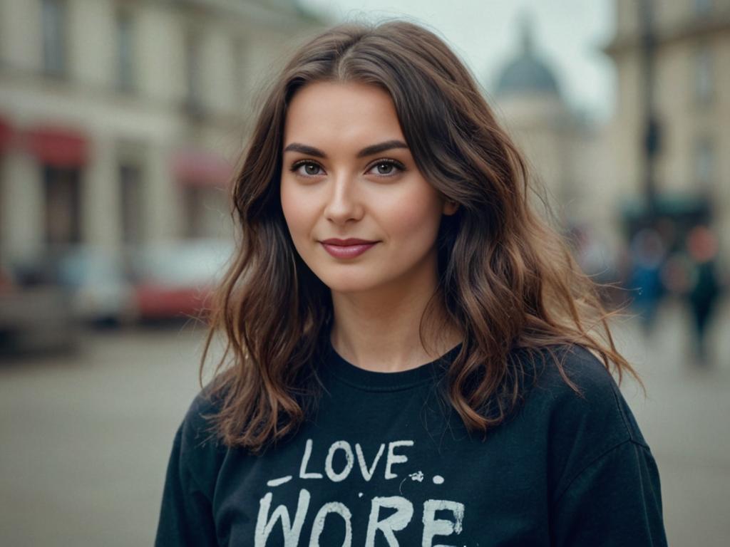 Young Woman in Black Top with 'LOVE WORE' Message