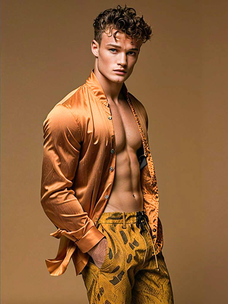 Male Model in Satin Orange Shirt and Patterned Pants