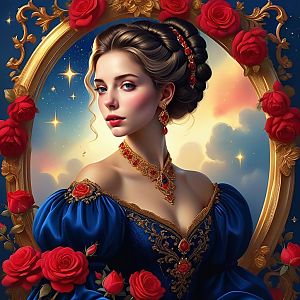 Elegant Woman in Royal Blue Gown with Gold Embroidery