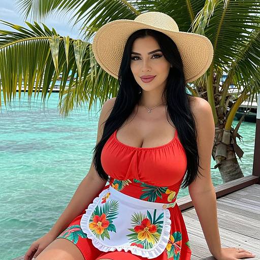 Woman in Tropical Red Dress and Straw Hat by Waterfront with Palm Trees
