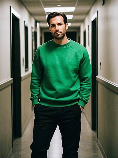 Man in Green Sweatshirt and Black Pants Standing in Hallway