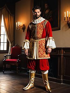 Man in Fancy Medieval Red and Gold Costume Standing Indoors