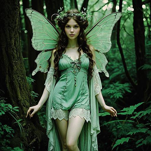 Enchanted Forest Fairy Woman with Green Wings in Woodland