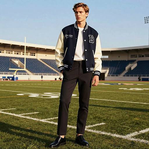Young Man in Varsity Jacket on Football Field - Gen Z Fashion