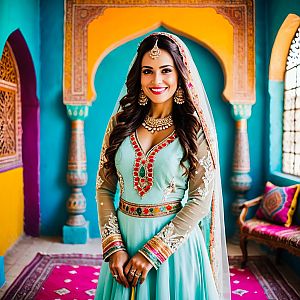Smiling Woman in Traditional Pastel Blue Outfit in Colorful Room