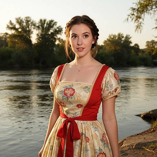 Young Woman in Vintage Floral Dress by River at Sunset