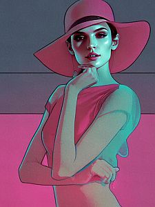 Stylish woman in wide-brimmed hat and sleeveless dress