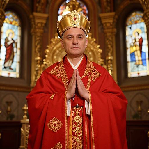 Religious Man in Red and Gold Vestments Praying in Ornate Church Interior