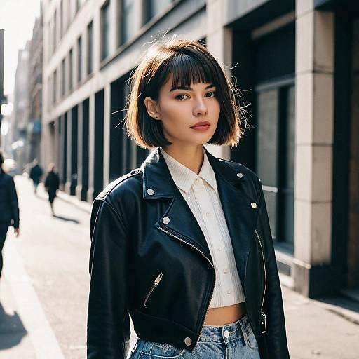 Stylish Young Woman in Leather Jacket on Urban Street