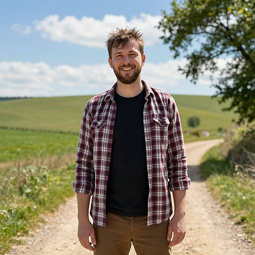 Young Man Smiling Outdoors on a Rural Dirt Pathway