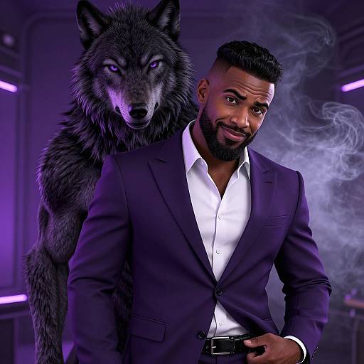Confident Man in Purple Suit with Mystical Wolf and Purple Lighting