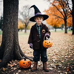 Boy in Witch Costume Holding Pumpkin Basket Outdoors on Halloween