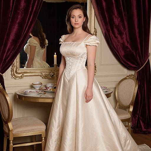 Young Woman in Vintage Satin Corset Gown in Elegant Room